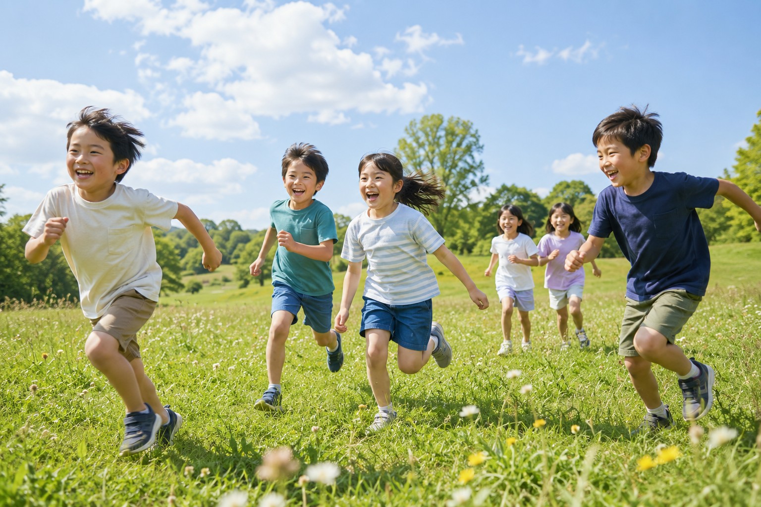 青空の下、芝生の上を走る子どもたち